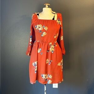 As U Wish Burnt Orange Floral Long Sleeve Square Neckline Dress Sz  Medium
